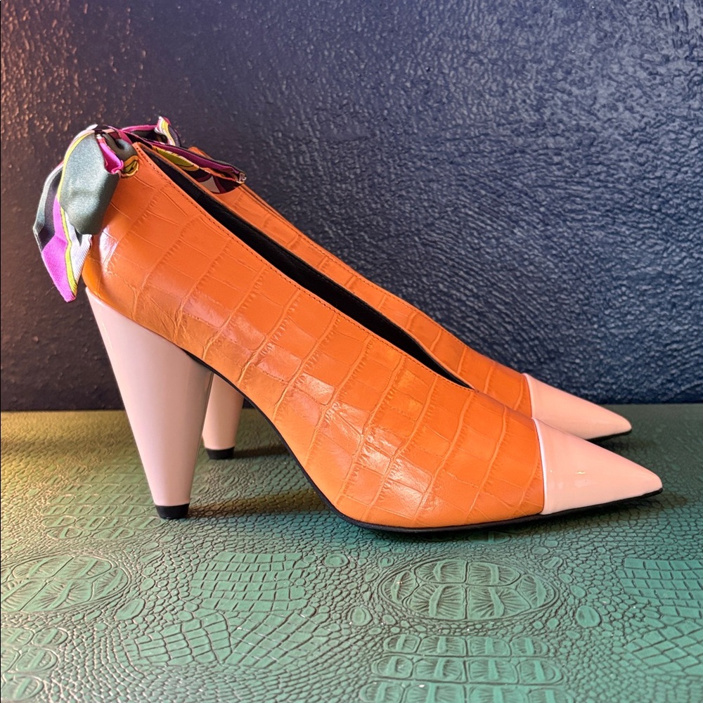 Pucci orange croc pumps with pink cap-toe and pink cone heel w/ Pucci scarf bow